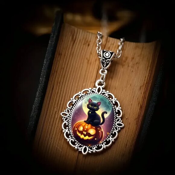 Silver Halloween BLACK CAT Pendant Necklace - Picture 5 of 5